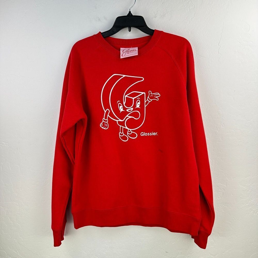 Glossier Sweatshirt‎ Womens Large Red White Fleece Beauty Brand Minimalist Cozy
